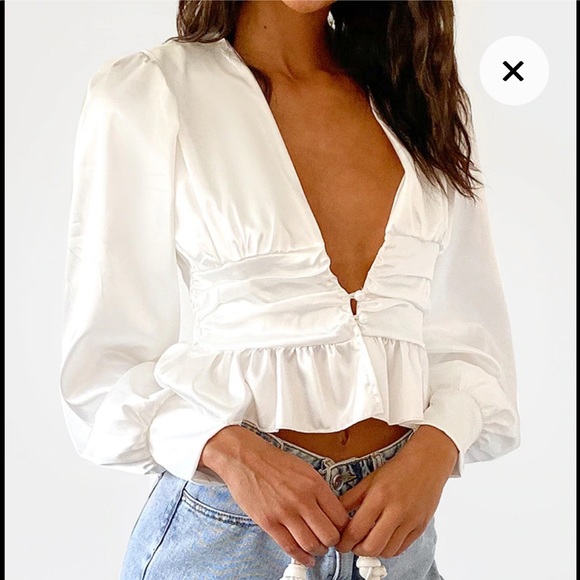 White Satin Ruched Button Waist Blouse - Picture 4 of 11